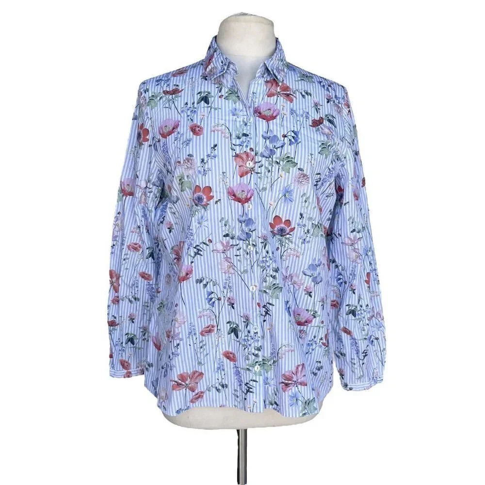 GERRY WEBER Women’s Size 12 Blue Floral Striped Cotton Roll-tab Sleeve Blouse